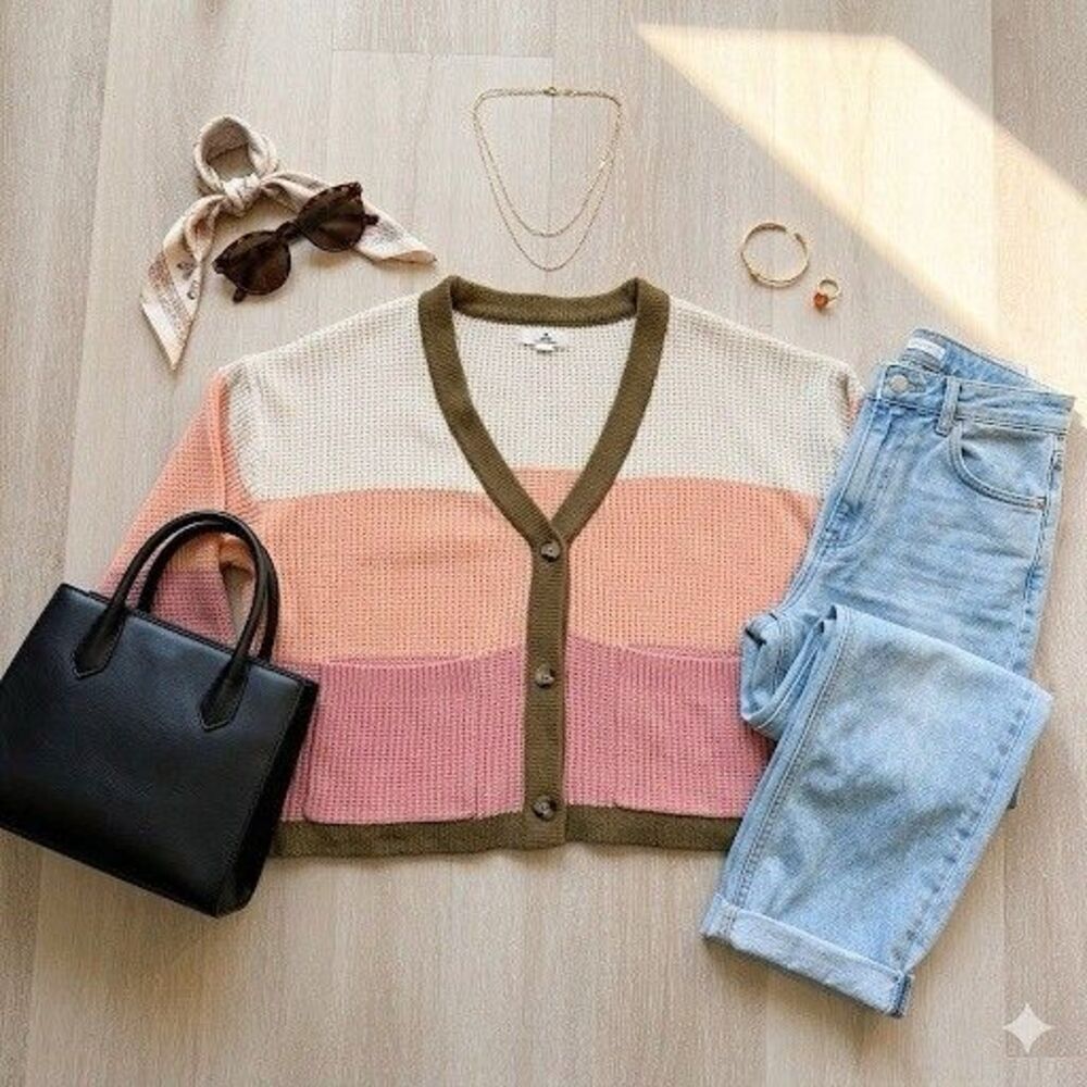 Sunset Pastel Colorblock Oversized Waffle Knit Cardigan Sz XL Boho Beach Cottage